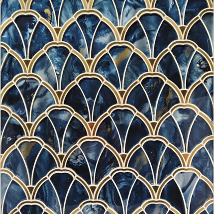 Decorative mosaic tile sheet featuring a repeating scallop or fan-shaped pattern in deep navy blue, black, white, and gold.