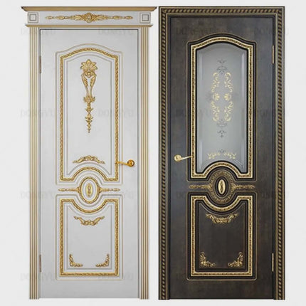 Two ornate doors, one white with gold detailing and the other dark wood with glass panel and gold accents.