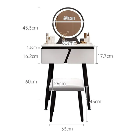 A vanity table set with an oval mirror, a single drawer, and a matching stool, shown with dimension labels and measurements on a plain white background.