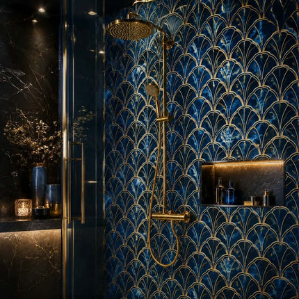A luxury bathroom shower area featuring a wall covered in blue and gold fan-pattern mosaic tiles, with a brushed gold rain shower head and matching gold fixtures. A glass shower door is visible on the left, and a built-in niche with warm lighting sits on the right.