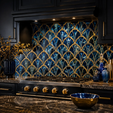 A luxury kitchen backsplash featuring glossy blue and gold scalloped fan-shaped ceramic tiles, installed behind a black gas range on a dark marble countertop.
