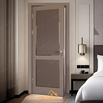Modern bedroom with a closed door, bed, and nightstand.
