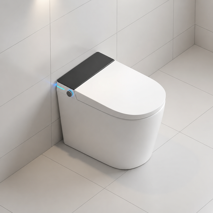 Modern white toilet with black lid in a tiled bathroom