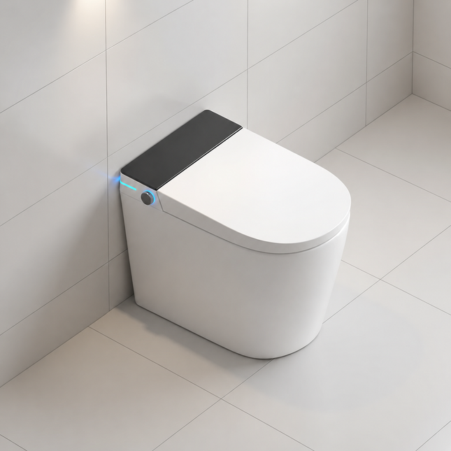 Modern white toilet with black lid in a tiled bathroom
