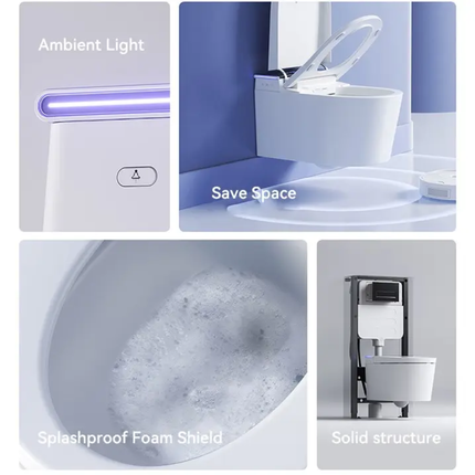 Collage of a toilet with features highlighted, including ambient light, saving space, splashproof foam shield, and solid structure.
