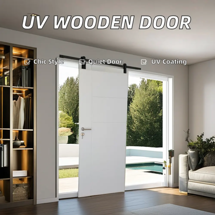 Modern interior with a UV wooden door leading to a garden view