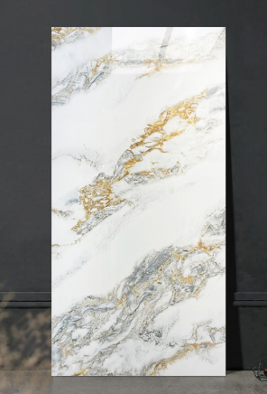 Marble-patterned wall panel with gold and gray accents on a dark background