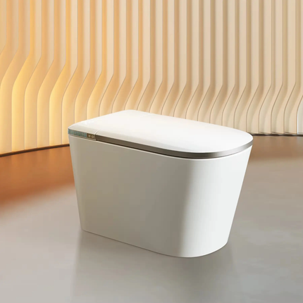 White trash can with a metallic lid on a light wooden floor.