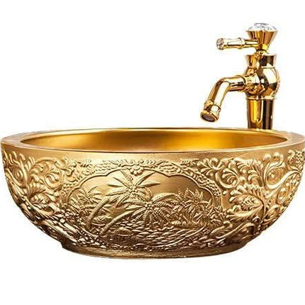 Pure Gold Hawaiian Carved Pattern Porcelain Countertop Bathroom Basin