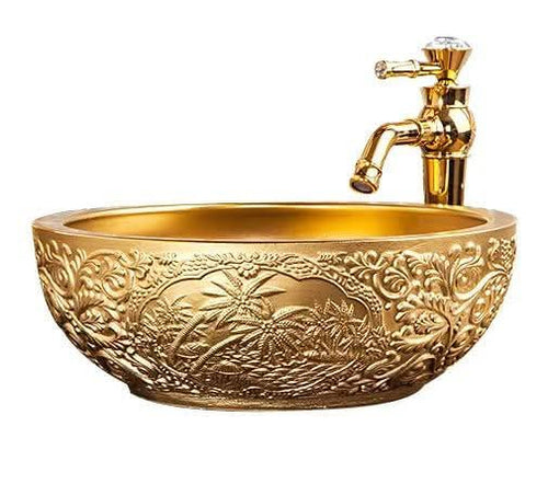 Pure Gold Hawaiian Carved Pattern Porcelain Countertop Bathroom Basin