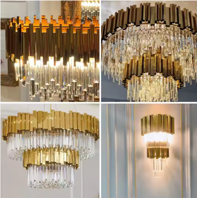 Luxury Crystal Gold Lighting Ensemble Chandelier  Sconce Set  A Symphony of Light  Opulence Perfect for Elegant Interiors