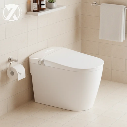 Modern toilet in a bathroom with beige tiles and a towel hanging on a rack.