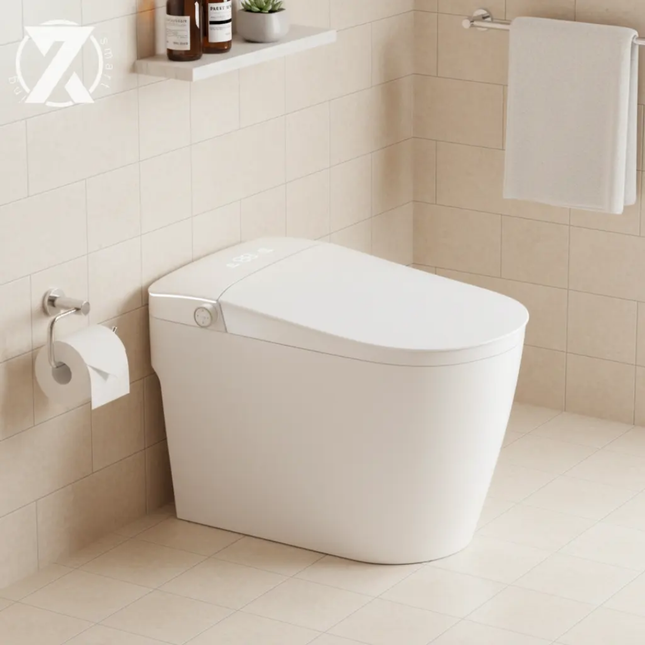 Modern toilet in a bathroom with beige tiles and a towel hanging on a rack.