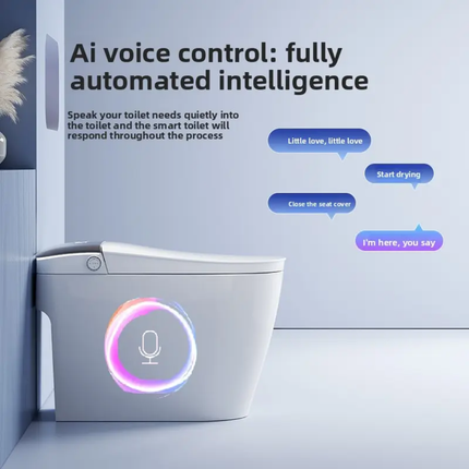 Smart toilet with AI voice control features on a light blue background