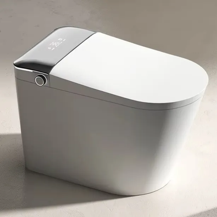 Modern toilet bowl with a lid on a neutral background