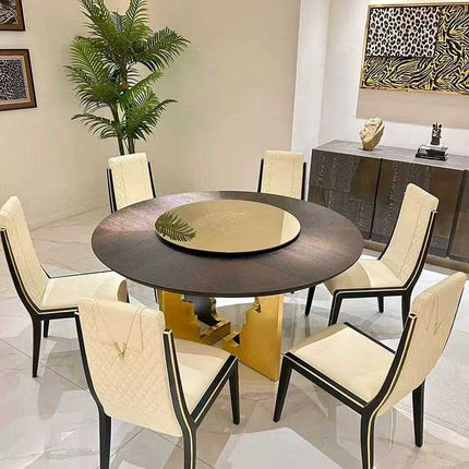 Luxury Round White and Gold Leather Wood Versace Medusa Dining Table & Chairs with revolving tray: Luxury Italian Design for Elegant Dining Experiences