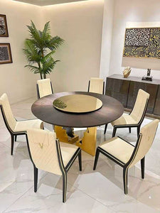 Luxury Round White and Gold Leather Wood Versace Medusa Dining Table & Chairs with revolving tray: Luxury Italian Design for Elegant Dining Experiences