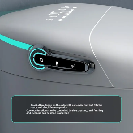 Gray electronic device with control panel and text description on a gray background