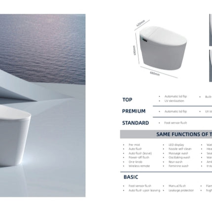 White toilet with specifications on a light gray background
