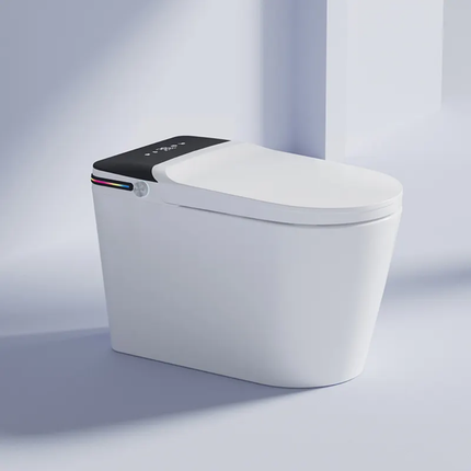 Modern white toilet with a sleek design on a light gray background