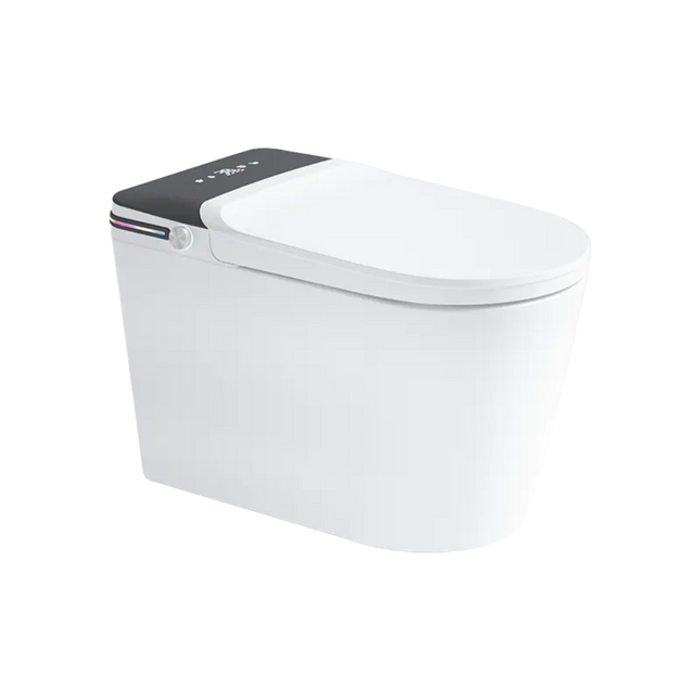 White toilet bowl with black lid on a white background