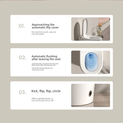 Innovative toilet seat with automatic flip cover, flushing mechanism, and control panel on a beige background.
