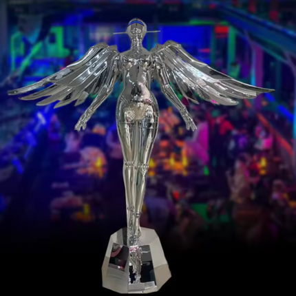 Punk Metal Sculpture Floor Lamp Mechanical Goddess Art Electroplated Silver Humanoid Statue Lights Decoration