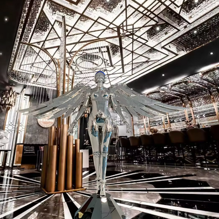 Punk Metal Sculpture Floor Lamp Mechanical Goddess Art Electroplated Silver Humanoid Statue Lights Decoration