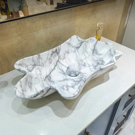 Artistic White Gray Wavy Marble Wash Basin Modern Style Edition