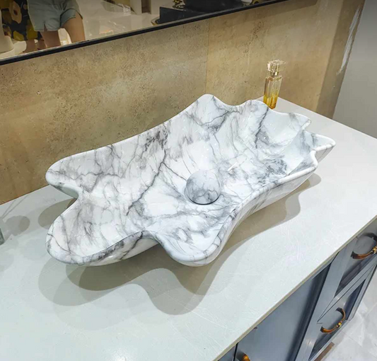 Artistic White Gray Wavy Marble Wash Basin Modern Style Edition