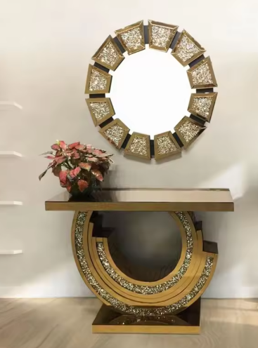 Luxury Tempered Glass Console Table with Decorative Mirror – Modern Gold Entryway Set