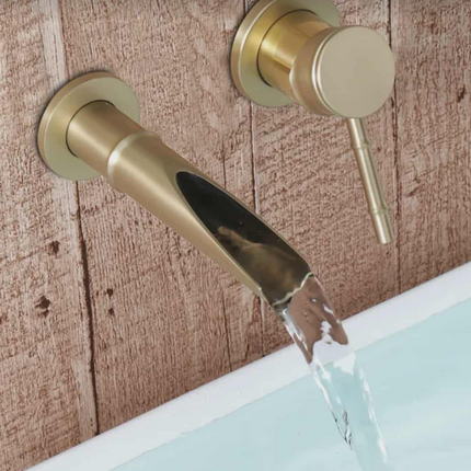 Luxury Wall-Mounted Waterfall Faucet Brushed Gold Basin Mixer Tap