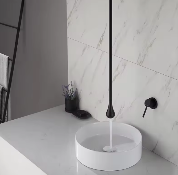 Black Wall Mounted Basin Faucet - Straight Tube Brass Bathroom Sink Faucet Ceiling Mount Modern Design