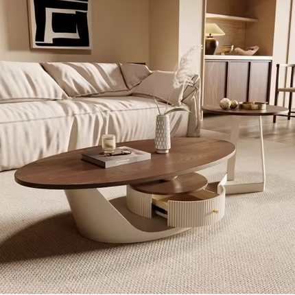 Modern Luxury Oval Wood Center Table with Storage Drawer – Minimalist Coffee Table