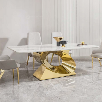 Luxurious 4-Seater Marble Dining Table Set – Chrome Metal Base, High Gloss White Mirror Top, Customizable Colors