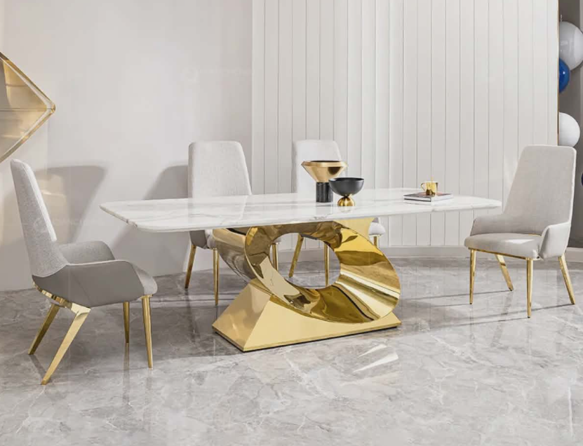 Luxurious 4-Seater Marble Dining Table Set – Chrome Metal Base, High Gloss White Mirror Top, Customizable Colors