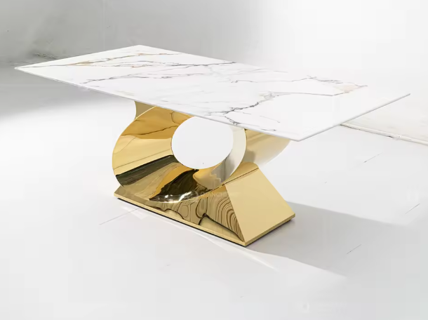 Luxurious 4-Seater Marble Dining Table Set – Chrome Metal Base, High Gloss White Mirror Top, Customizable Colors