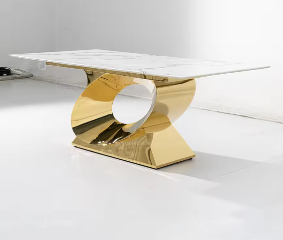 Luxurious 4-Seater Marble Dining Table Set – Chrome Metal Base, High Gloss White Mirror Top, Customizable Colors