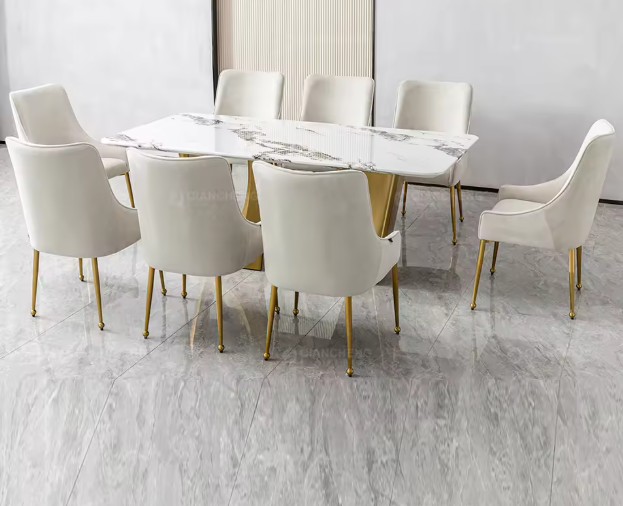Luxury 8-Seater Marble Dining Table Set – Modern Stainless Steel Base, Customizable Colors