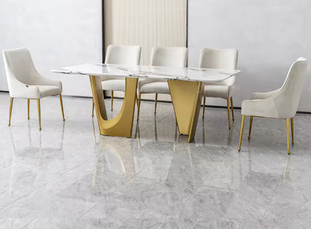 Luxury 8-Seater Marble Dining Table Set – Modern Stainless Steel Base, Customizable Colors