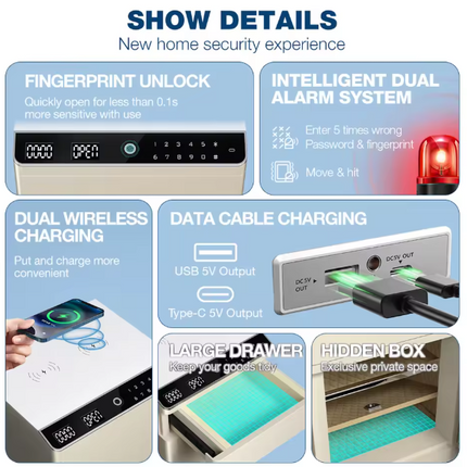 ISO Certified Solid Steel Vault Safe Box with Fingerprint Lock & Dual Wireless Charging