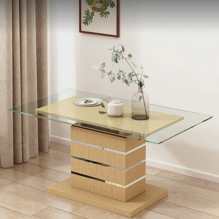 Modern Rectangular Glass Dining Table with Solid Wood Base – 4–6-Seater