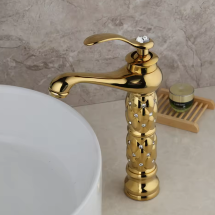 Modern Golden Brass Basin Faucet – Deck Mounted Stainless Steel Vessel Sink Tap