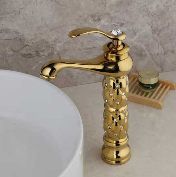 Modern Golden Brass Basin Faucet – Deck Mounted Stainless Steel Vessel Sink Tap