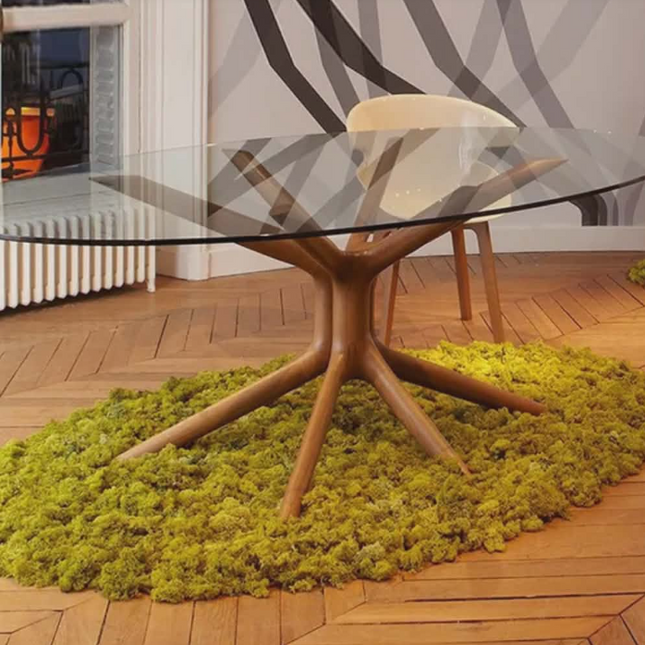 Modern Round Glass Dining Table with Sculptural Solid Wood Base | Designer Contemporary Dining Furniture (Customizable Materials)