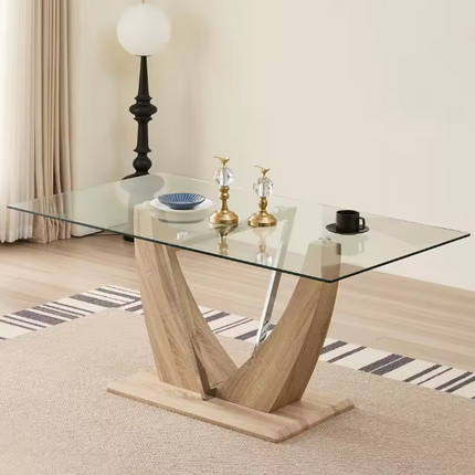 Modern Luxury Rectangular Tempered Glass Dining Table with V-Shaped Wooden Base
