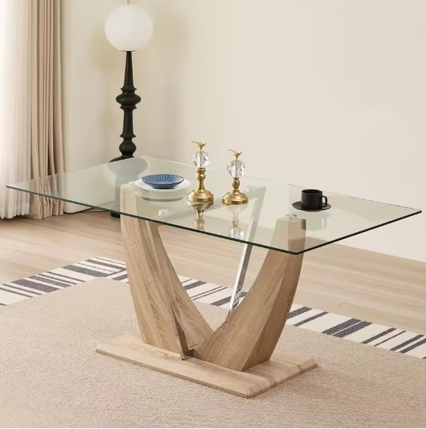Modern Luxury Rectangular Tempered Glass Dining Table with V-Shaped Wooden Base