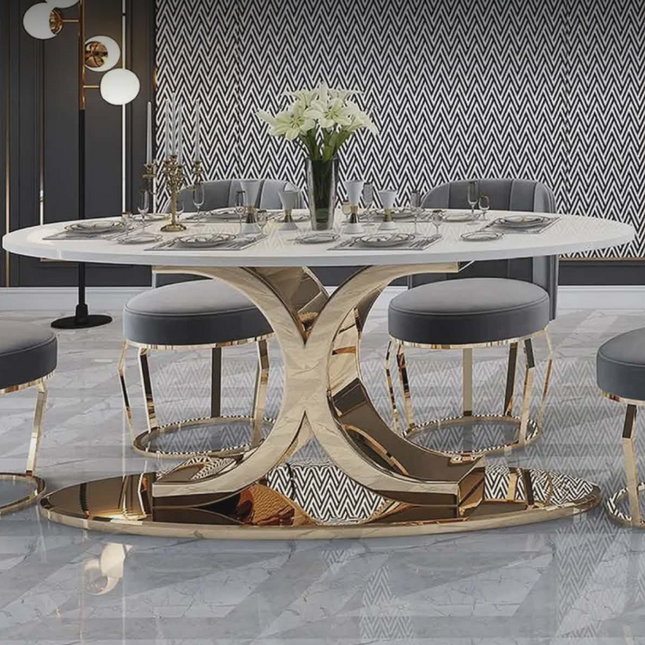 Italian Nordic Minimalist Marble & Stainless Steel Rectangular Dining Table & Chair Set