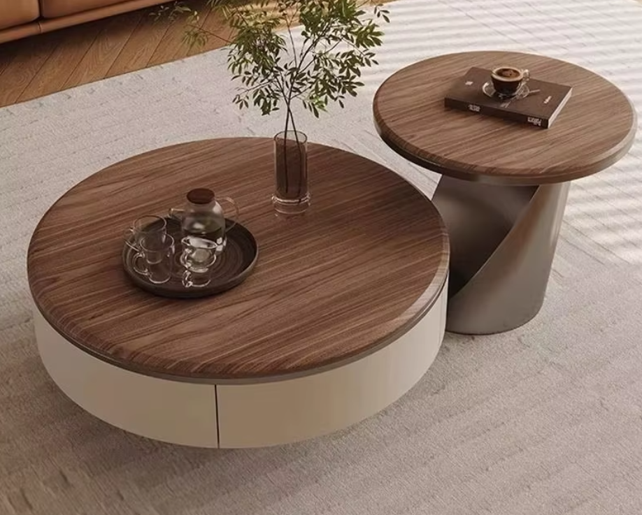Italian Light Luxury American Solid Wood Round Coffee Table – Modern Design, Customizable Materials