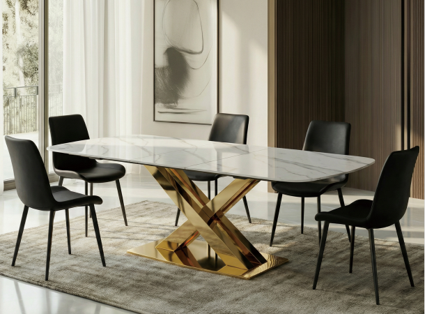 White and Gold Finish Stainless Steel Dining Table with Sintered Stone Top
